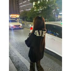 批发国潮牌情侣装灰色重磅卫衣女秋冬连帽宽松加绒加厚字母毛巾绣外套