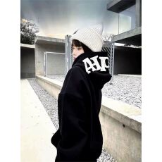 批发国潮牌情侣装灰色重磅卫衣女秋冬连帽宽松加绒加厚字母毛巾绣外套