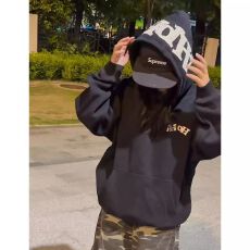 批发国潮牌情侣装灰色重磅卫衣女秋冬连帽宽松加绒加厚字母毛巾绣外套