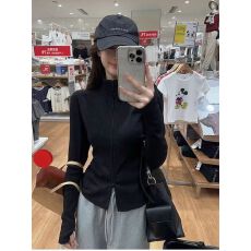 批发原版面料40支<b class='q'>纯棉</b>罗纹210克 设计感双拉链立领长袖<b class='q'>T</b><b class='q'>恤</b>女上衣