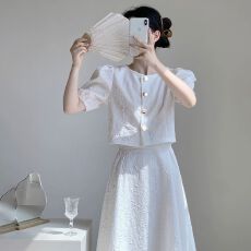 批发富家千金白色泡泡袖连衣裙女夏新中式国风伴娘<b class='q'>礼服</b>改良旗袍套装裙