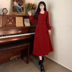 批发大码法式复古赫本风红色连衣裙女秋冬微胖mm收腰显瘦<b class='q'>敬酒</b><b class='q'>礼服</b>长裙