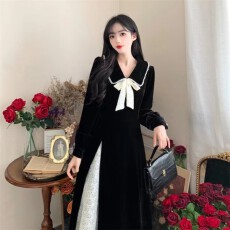 批发法式赫本风金丝绒<b class='q'>连衣裙女</b>秋冬新款大码高级感气质黑色长裙子