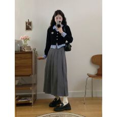 批发<b class='q'>大码</b>微胖mm学院风套装女秋季撞色假两件<b class='q'>长袖</b>上衣