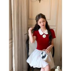 批发miu系少女感娃娃领气质显白显瘦短袖正肩<b class='q'>T</b><b class='q'>恤</b>撞色<b class='q'>山茶花</b>上衣