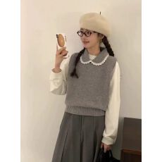 批发韩国东大门egg秋冬新款蕾丝花边元宝领无袖宽松<b class='q'>马甲</b>