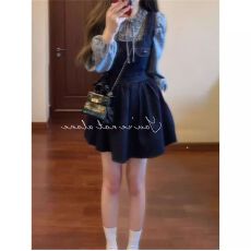 批发春秋穿搭一整套女宽松复古蝴蝶结牛仔<b class='q'>背带</b>连衣裙波点系带花边衬衫