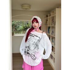 批发甜酷风罩衫<b class='q'>长袖</b>T恤女春季新款宽松防晒露肩上衣