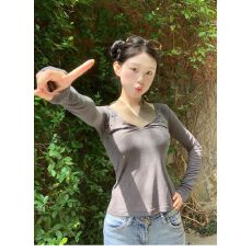 批发辣妹灰色大领口挂脖v领长袖t恤女早秋小个子短款内搭打底<b class='q'>上衣</b>