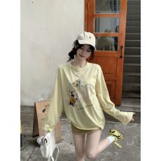 批发松弛感小狗印花黄色<b class='q'>长袖</b>上衣女韩系宽松防晒百搭圆领T恤