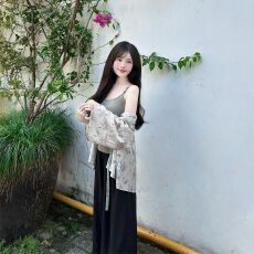 批发国风古典禅意松弛感<b class='q'>宽松</b>系带长袖开衫外套+吊带背心套装潮