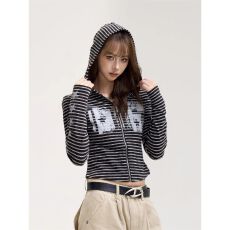 批发设计感撞色条纹连帽<b class='q'>开衫</b>拉链卫衣女<b class='q'>秋季</b>修身百搭显瘦短款外套上衣