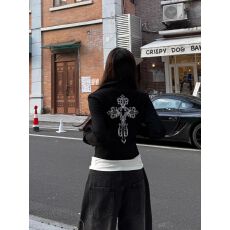 批发梵文十字架立领短款<b class='q'>开衫</b>外套卫衣女修身上衣