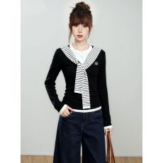 批发黑色假两件条纹披肩正肩长袖针织衫女早秋季修身内搭打底短款上衣