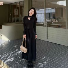 批发优质质量 小个子女早秋<b class='q'>气质</b>黑色裙子洋气长裙好看新款长袖<b class='q'>连衣裙</b>