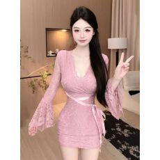 批发纯欲<b class='q'>气质</b>V领蕾丝长袖<b class='q'>连衣裙</b>女早秋新款绑带收腰显瘦高级感包臀裙