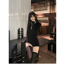 批发美式辣妹黑色内搭长袖连体衣女早秋季外穿收腰显瘦修身包臀短<b class='q'>裤</b>子