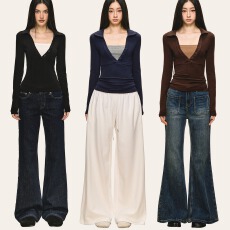 批发人棉磨毛假两件长袖t恤女秋冬撞色V领内搭针织打底衫小上衣