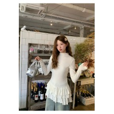 批发羊绒新款半高领长袖t恤女蛋糕裙修身蕾丝花边内搭打底衫上衣