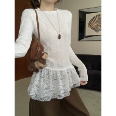 批发纯欲风蕾丝花边拼接木耳边打底衫女内搭秋冬新款修身长袖
