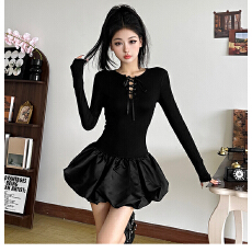 批发赫本风高级感气质蓬蓬裙女春秋2025新款收腰显瘦绑带镂空<b class='q'>连衣裙</b>子