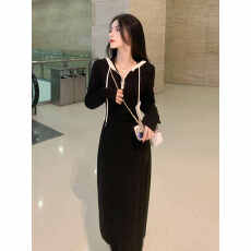 批发黑色休闲连衣裙女春秋2025新款法式<b class='q'>气质</b>显瘦中长款连帽卫衣裙过膝