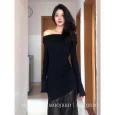 批发FUNOFF御姐气质黑色一字肩喇叭长袖<b class='q'>连衣裙</b>网纱2025春收腰鱼尾长裙