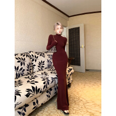 批发气质半高领显瘦修身长袖<b class='q'>连衣裙</b>秋冬季新款内搭打底包臀鱼尾长裙子