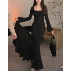 批发步步生莲方领长袖鱼尾包臀裙女春夏季性感修身收腰显瘦长裙<b class='q'>连衣裙</b>