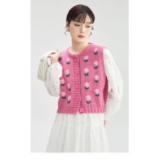 批发针织马甲开衫女2025春季立体<b class='q'>甜美</b>粉色小花朵刺绣毛衣背心