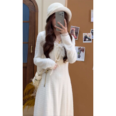 批发法式蕾丝v领条纹针织连衣裙子女秋冬季2025新款修身显瘦内搭长裙