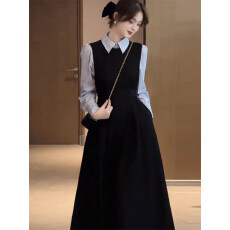 批发2025年春夏新款赫本风黑色背心<b class='q'>连衣裙</b>子<b class='q'>女</b>高级感衬衫内搭长裙套装
