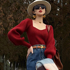批发高级感新年方领短款上衣红色毛衣内搭女<b class='q'>秋</b>冬季新款2025针织打底衫