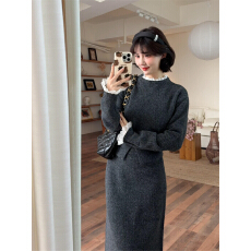 批发法式<b class='q'>蕾丝</b>拼接针织<b class='q'>连衣裙</b>子女秋季2025新款高级感气质长裙穿搭套装