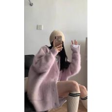 批发温柔软糯水貂绒中长款开衫毛衣女外套<b class='q'>春秋</b>冬宽松慵懒风v领针织衫