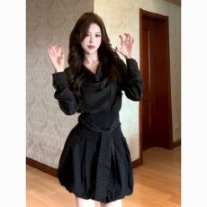 批发韩版气质 波点长袖上衣+黑色花苞裤 2025秋时尚通勤两件套