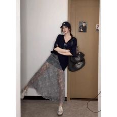 批发人棉+原版面料 V领纯色短袖T恤女装别致网纱半身裙a字<b class='q'>长裙</b><b class='q'>两件套</b>