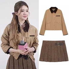 批发2025秋冬新款卡其色复古通勤短外套衫咖色<b class='q'>百褶</b>裙套装女赵露丝同款