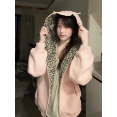 批发【纯棉华棉】加绒加厚豹纹连帽卫衣外套女<b class='q'>甜美</b>粉色开衫