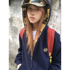 批发【纯棉华棉】加绒加厚拉链连帽卫衣女开衫格子内衬外套
