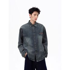 批发美式复古字母刺绣牛仔<b class='q'>衬衫</b>男女新款宽松休闲百搭<b class='q'>衬衣</b>外套