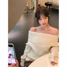 批发纯色针织潮流一字肩毛衣（非质量问题不退不换）