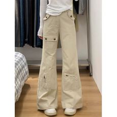批发【非实拍】美式多口袋喇叭工<b class='q'>装</b><b class='q'>裤</b>女宽松高腰<b class='q'>显瘦</b>微喇直筒长<b class='q'>裤</b>