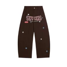 批发大码美式复古趣味字母刺绣阔腿牛仔裤子<b class='q'>夏</b>款高腰宽松直筒拖地裤