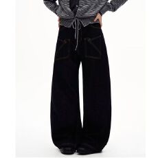 批发美式反穿插袋原色牛仔裤男垂感高腰阔腿裤<b class='q'>修身</b>微喇直筒长裤子秋季