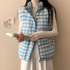 批发蓝色格子棉<b class='q'>马甲</b><b class='q'>男</b>女冬季加厚保暖立领无袖坎肩宽松潮牌棉服背心潮