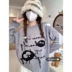 批发小众设计感黑色毛衣女高中初中学生秋冬款宽松字母针织衫打底上衣