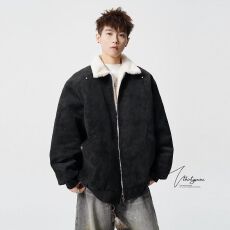 批发秋冬季美式简约纯色翻领开衫夹克宽松廓形短款棒球服外套