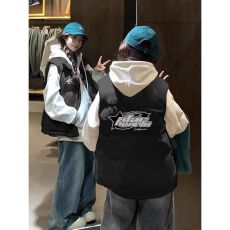 批发可退换高品质手塞棉加厚冬季马甲带门禁棉服印花棉衣面包服女