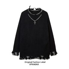 批发秋季新款美式<b class='q'>街头</b>水洗破洞项链圆领毛衣男女复古宽松百搭打底上衣